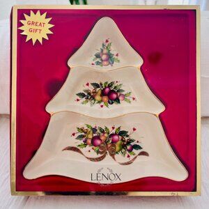 Lenox Christmas Holiday Tartan Tree 3 Section Divided Serving Dish